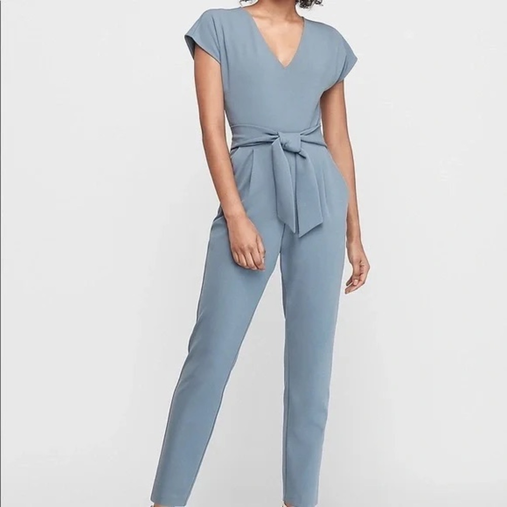 Express Blue Jumpsuit with Tie Waist and V-Neck